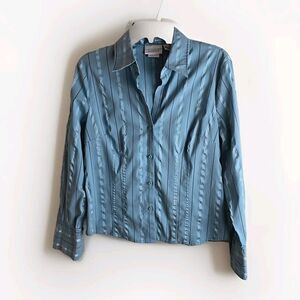 Worthington Stretch Ladies Size 10 Easy Care Teal Blue Long Sleeve Big Cuffs
